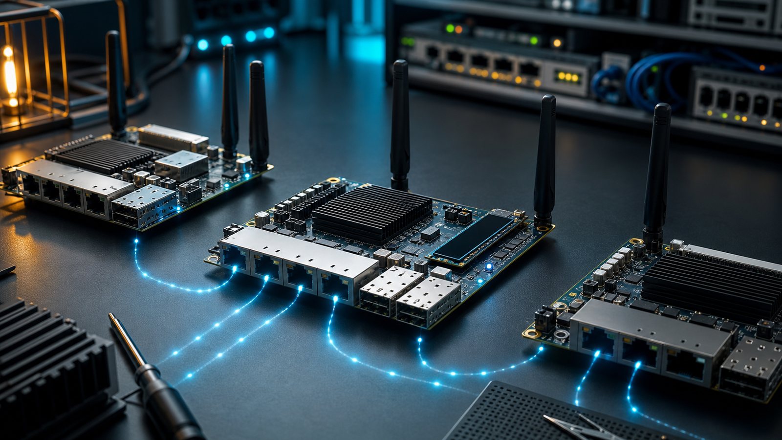 Open router boards with multi-gigabit Ethernet SFP cages and Wi-Fi antennas