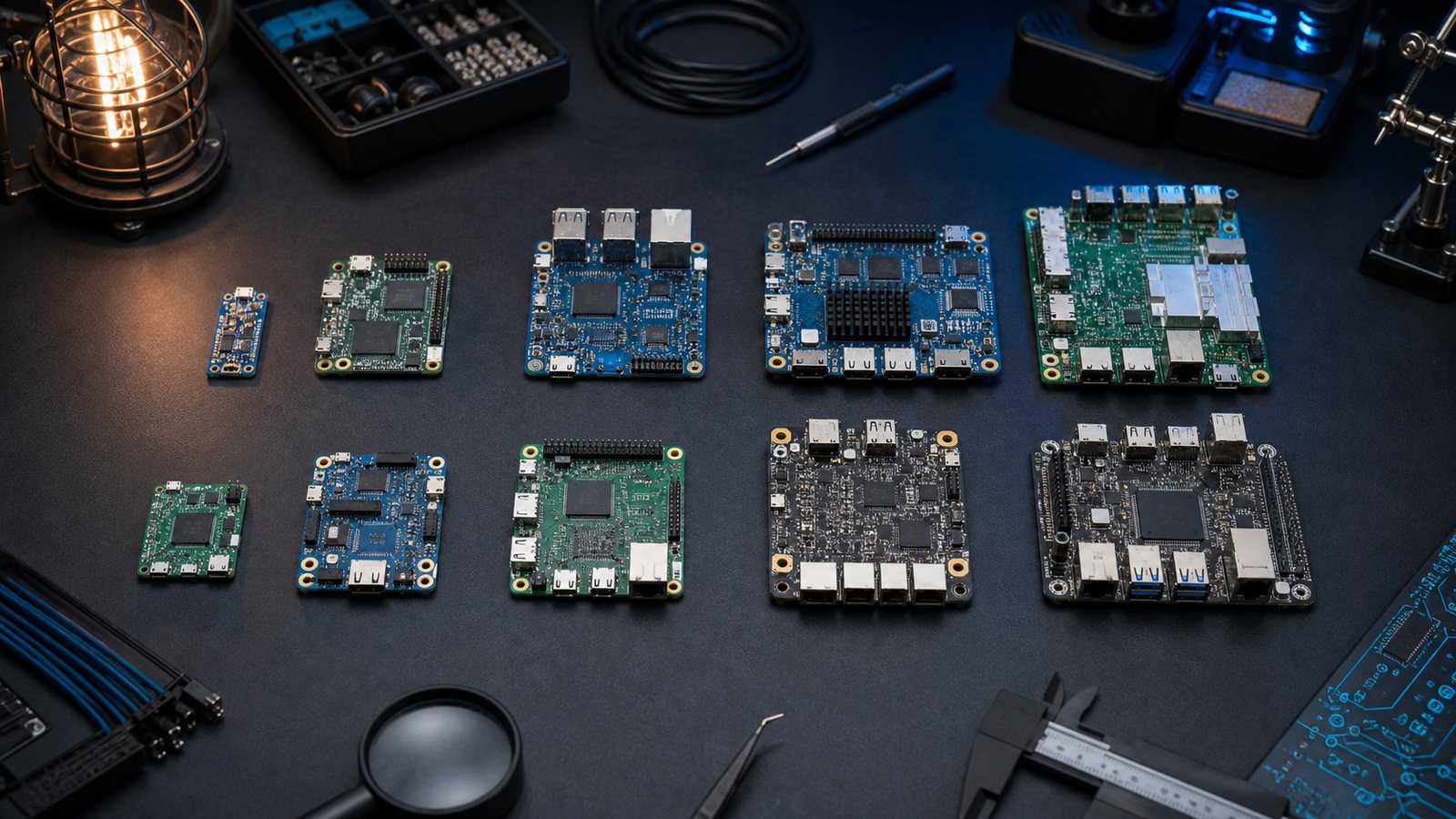 Ten single-board computers arranged on a workbench for comparison