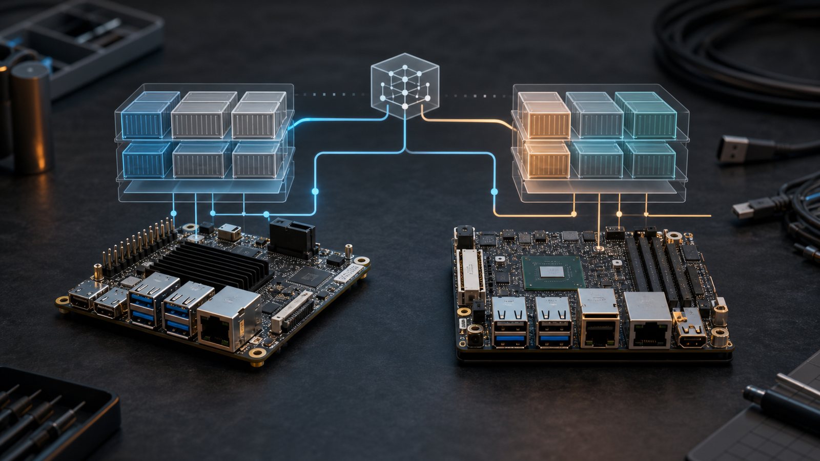 ARM and x86 single-board computers running layered container services