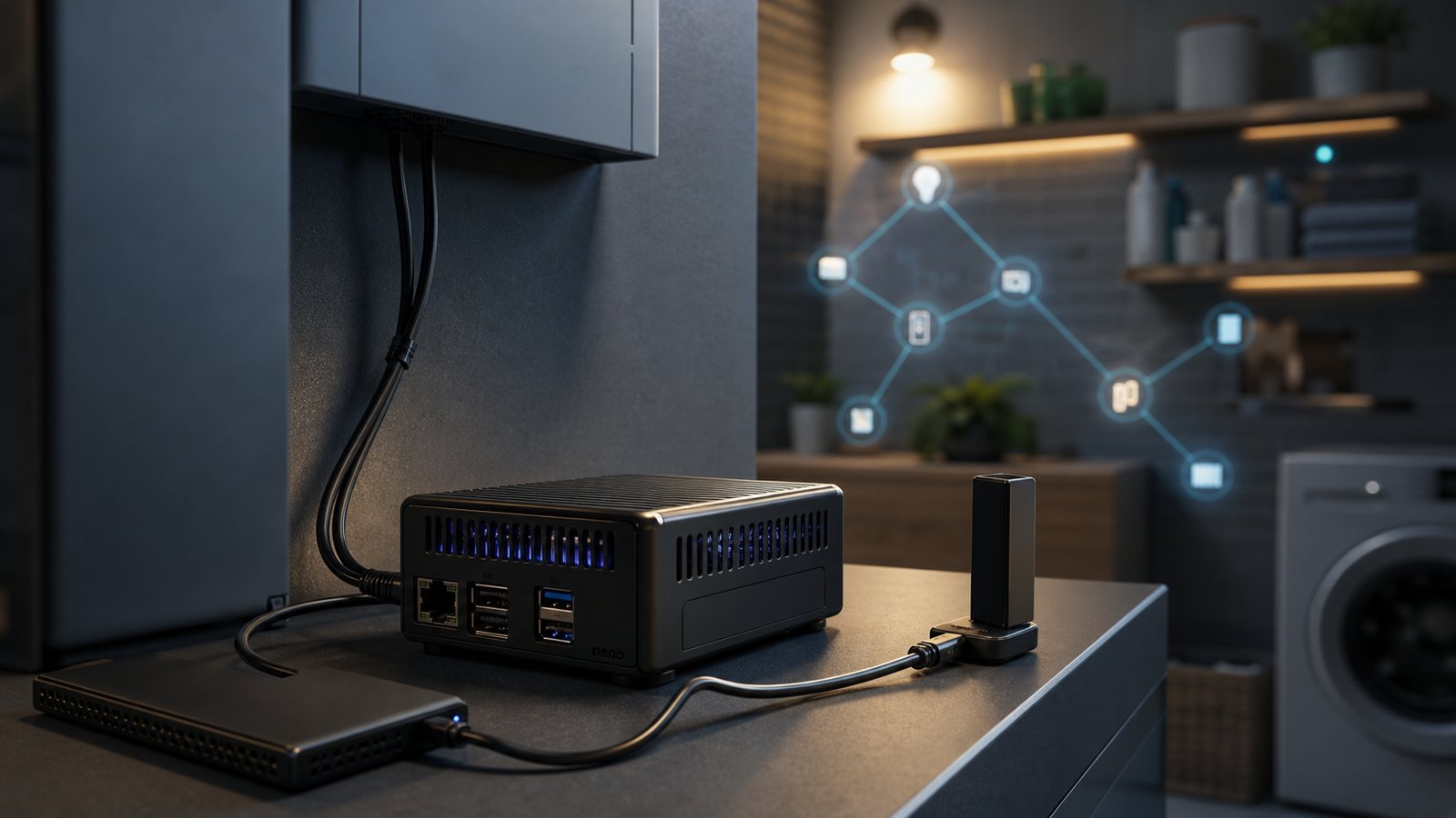 Compact smart home controller with radio dongle and solid-state storage