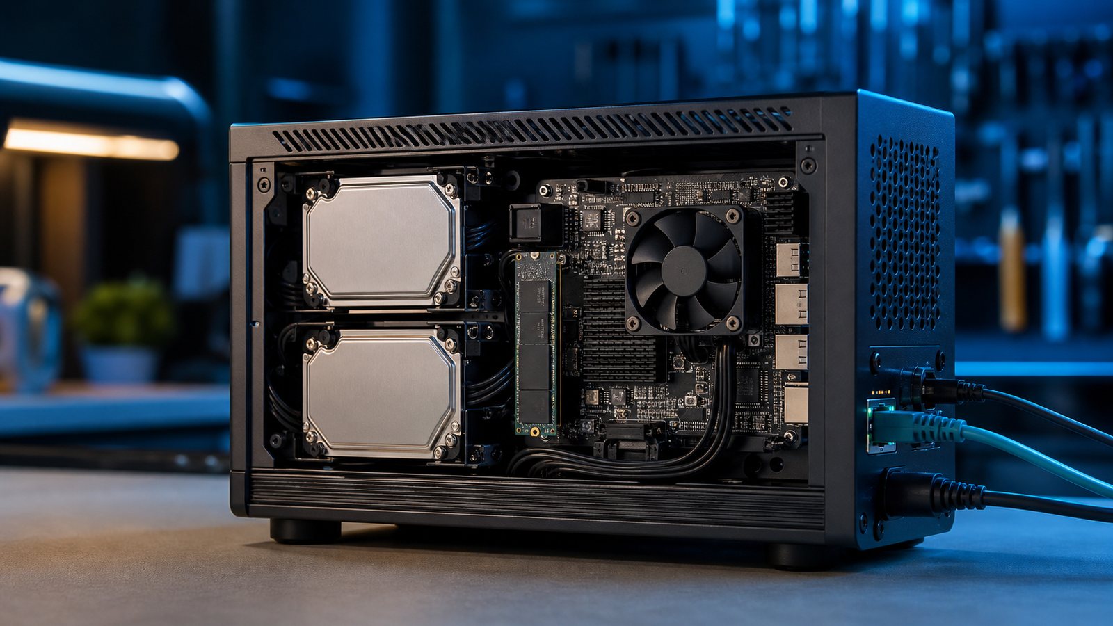 Compact NAS with two hard drives NVMe storage and multi-gigabit networking