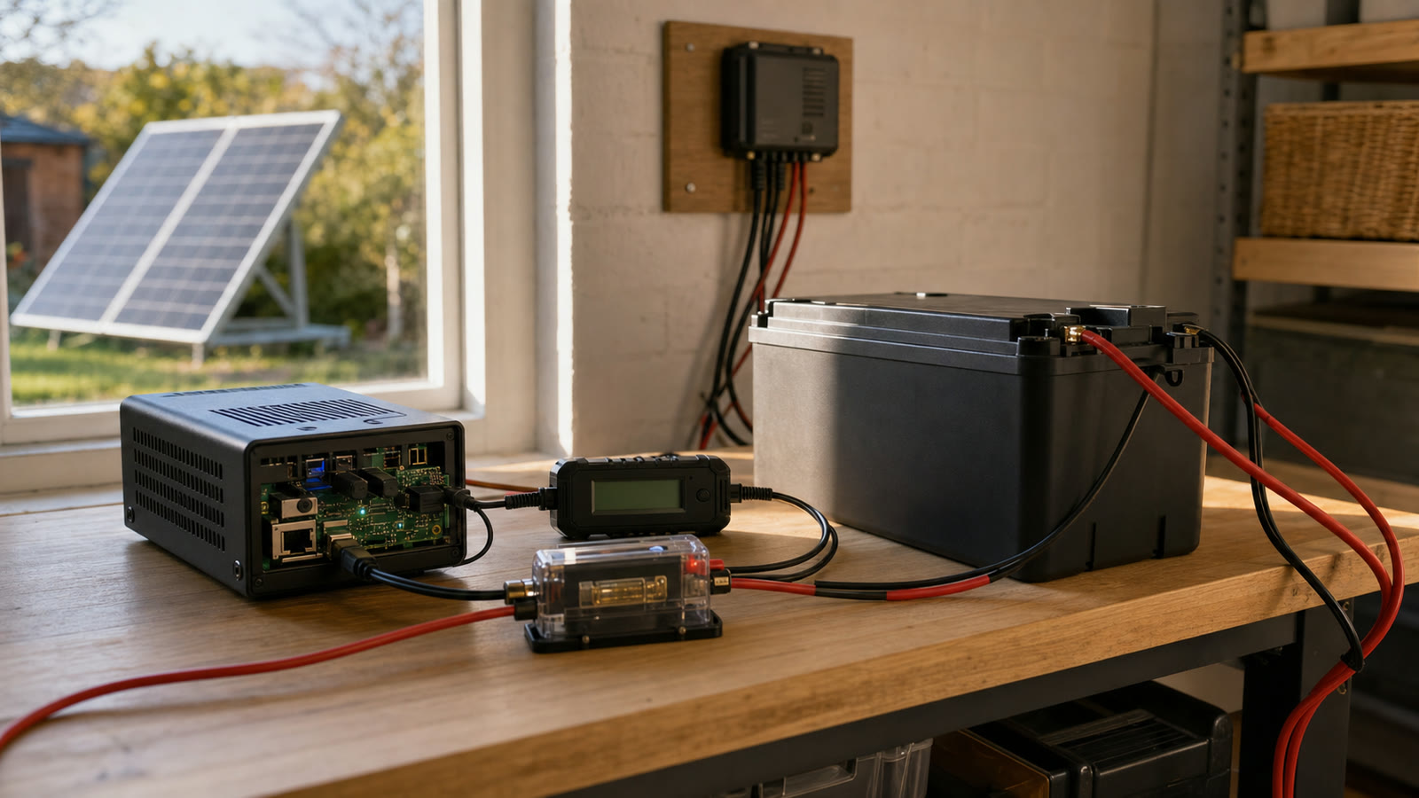 Single-board home automation controller connected to a fused battery and solar charge controller beside a solar panel
